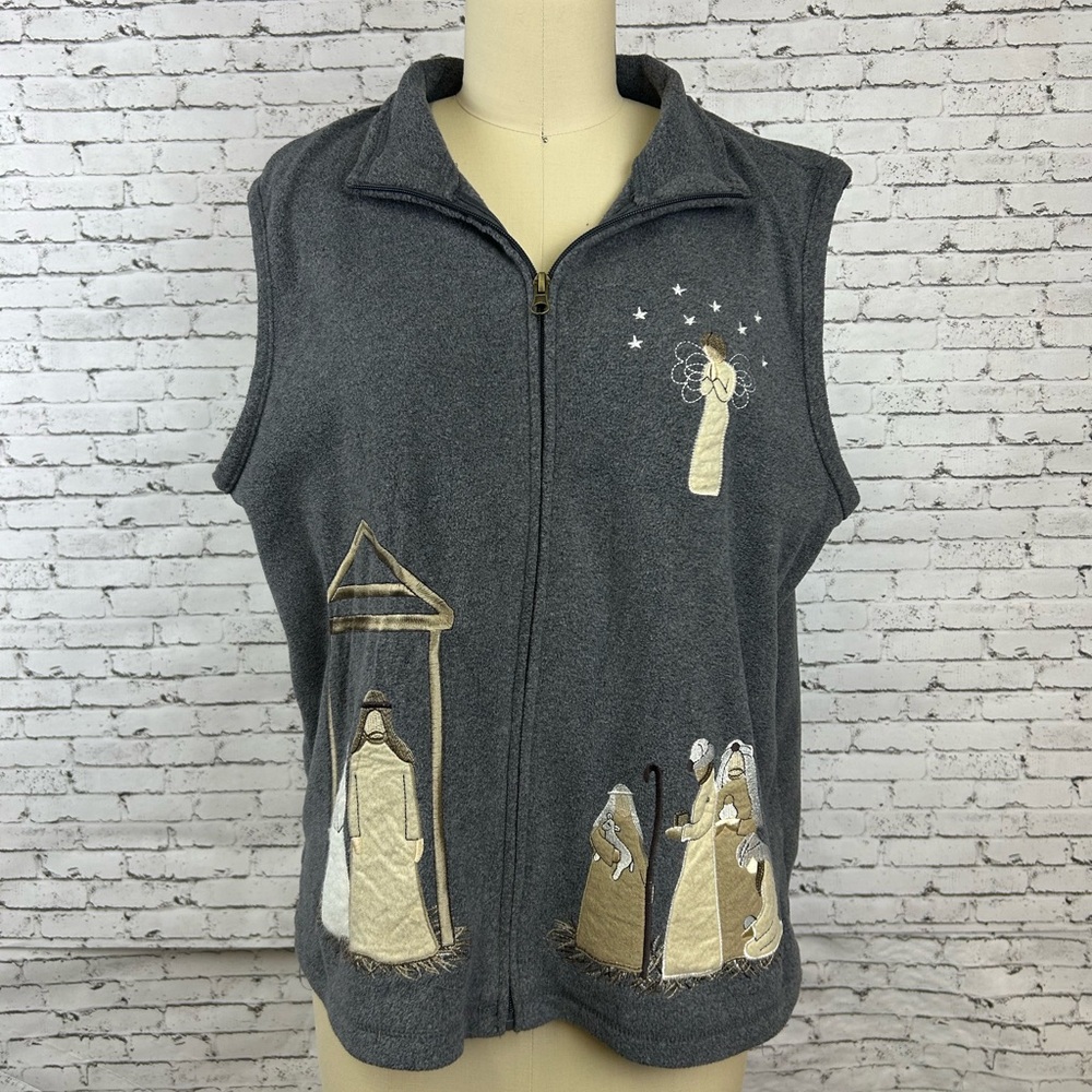 Rebecca Malone | Charcoal zip upVest with Embroidered Nativity Zip up size M